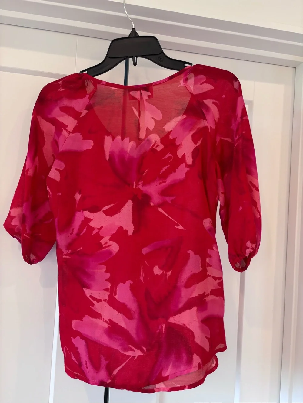 LOFT Pink & Red Sheer Floral Ruffle Tie Blouse